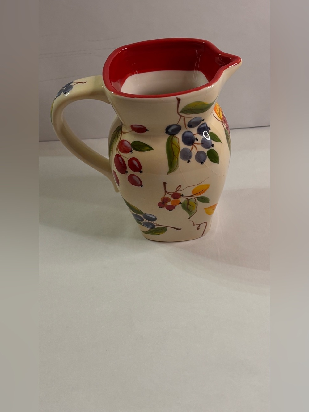 Hand-Painted Ceramic Fruit Pitcher - Cream Exterior with Red Interior - Picture 6 of 10